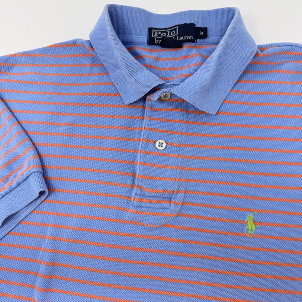 Polo Ralph Lauren Mens Medium Blue Orange Striped Pique Short Sleeve Polo Shirt